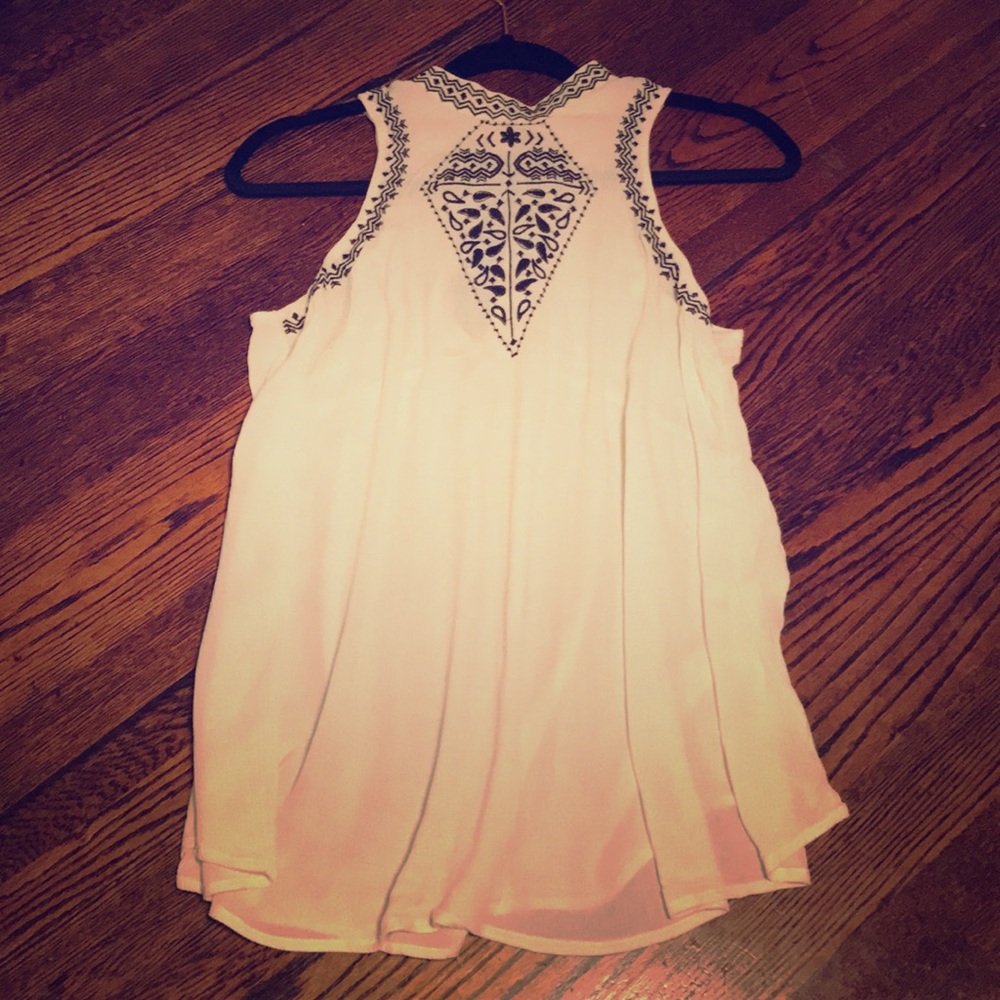 Cream High Neck Tank w/ Navy Embroidery
